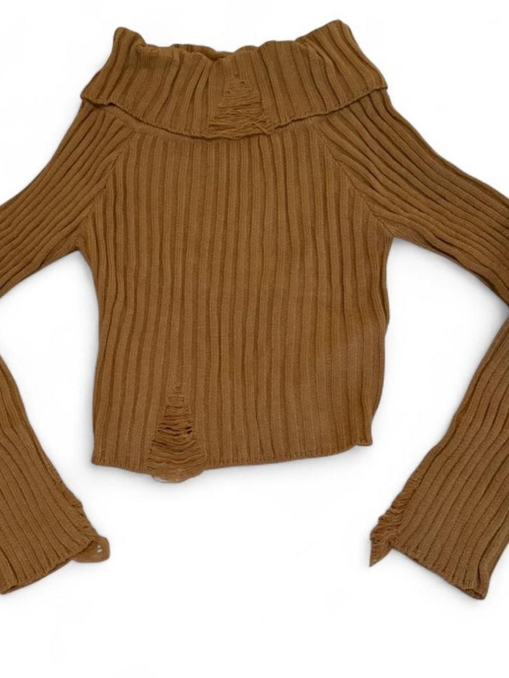 Ribbed Off-Shoulder Crop Sweater in Caramel